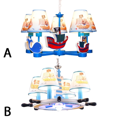 Kids Room Pirate Ship Chandelier Light Fabric 4/5 Lights Ceiling Chandelier in Blue
