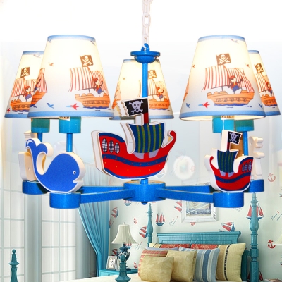 Kids Room Pirate Ship Chandelier Light Fabric 4/5 Lights Ceiling Chandelier in Blue