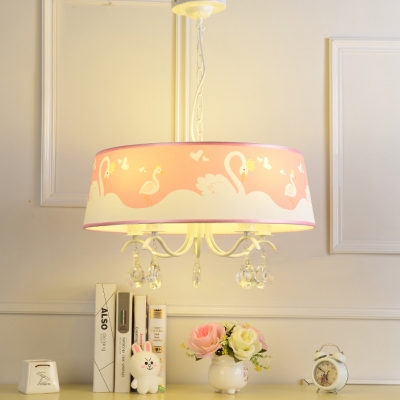3/5 Lights Drum Chandelier Light with Swan Pattern Girls Room Crystal Suspended Light in White