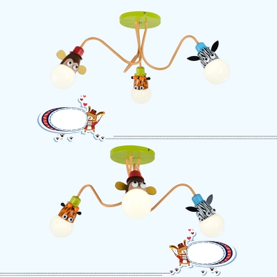 Zebra/Monkey/Giraffe Design Suspended Lamp Kindergarten Metal 3 Light Pendant Light in Multi Color