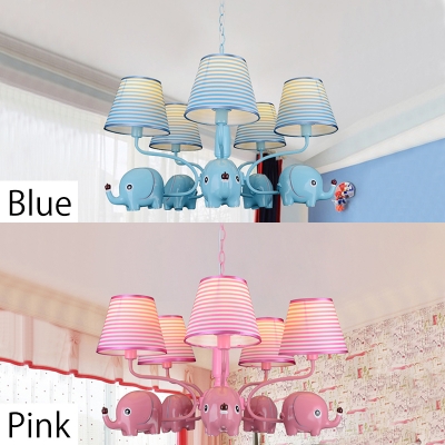 Strips Shade Hanging Lamp with Elephant Boys Girls Bedroom Fabric 5 Lights Lighting Fixture in Blue/Pink