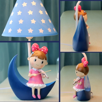 Adorable Star Design Table Light with Little Girls Decoration Bedroom Blue Fabric Shade 1 Light Reading Light