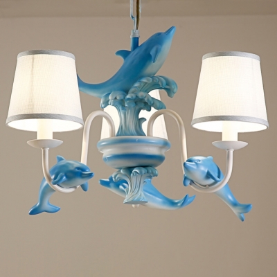 3/6 Lights Dolphin Island Chandelier Kids Room Fabric Suspension Light in Blue/Pink