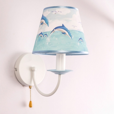 Sky Blue Conical Sconce Lighting Nautical Style Fabric 1 Light Wall Light Fixture with Pull Chain