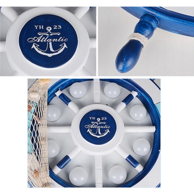 Blue Ship Wheel Ceiling Light Nautical Plastic 8 Lights Flush Mount Light for Kids Room