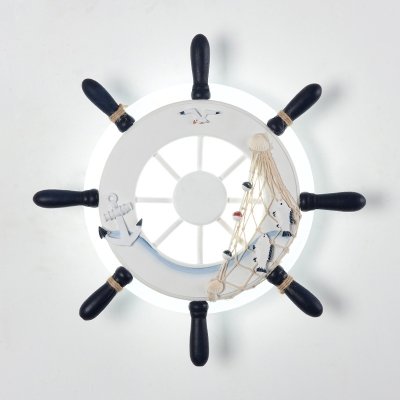 Mediterranean Ship Wheel Wall Lamp Boys Room Acrylic LED Wall Lighting in White/Blue