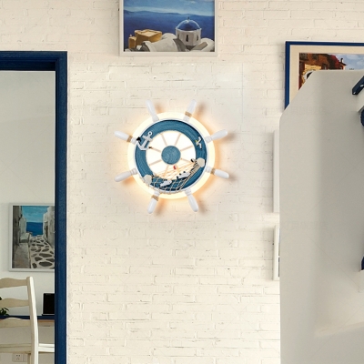 Mediterranean Ship Wheel Wall Lamp Boys Room Acrylic LED Wall Lighting in White/Blue