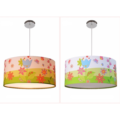 Lovely 3/5 Lights Drum Hanging Lamp Modern Baby Girls Bedroom Multicolored Fabric LED Suspension Light