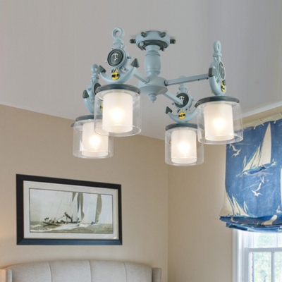 Anchor/Round Rudder Suspension Light Nautical Children Glass 3/4 Lights Ceiling Chandelier in Blue