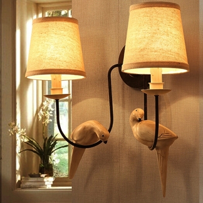 Lodge Style Tapered Wall Sconce Fabric Single Head Wall Light Fixture with Bird Decoration