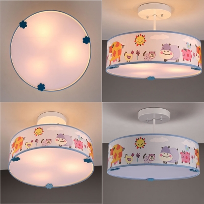 Drum Shade Ceiling Light with Safari Design Baby Kids Room Fabric Triple Lights Semi Flush Light in White