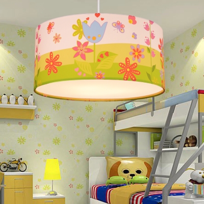 Lovely 3/5 Lights Drum Hanging Lamp Modern Baby Girls Bedroom Multicolored Fabric LED Suspension Light