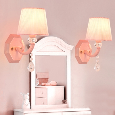 Kid Wall Light CrystaL Ball Drum Shade Wall Sconce for Girls Bedroom in Pink Finish