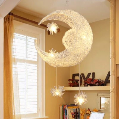 Silver Moon and Star Pendant Light Metallic 1/5 Lights Decorative LED Suspended Lamp for Boys Girls Bedroom