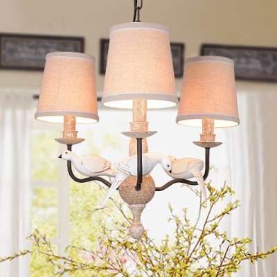 3 Lights Bird Design Chandelier Light Lodge Rustic Style Fabric Shade Hanging Lamp in Beige