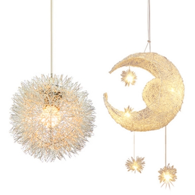 Silver Moon and Star Pendant Light Metallic 1/5 Lights Decorative LED Suspended Lamp for Boys Girls Bedroom