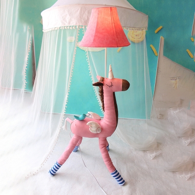 1 Head Unicorn Standing Light Kids Room Bedside White/Gray/Pink Fabric Shade Floor Lamp