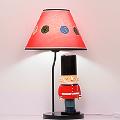 Red Coolie Shade Table Light with British Soldiers Cartoon Fabric 1 Bulb Reading Light