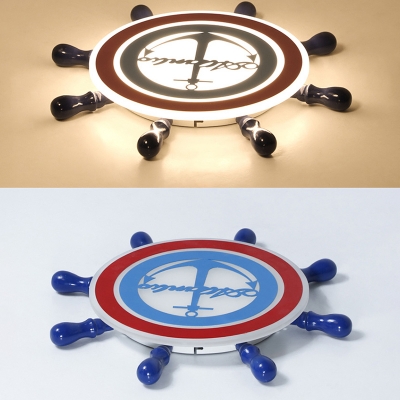 Acrylic Ship Wheel Flush Ceiling Light Boys Room Flush Mount LED Light in Navy Blue