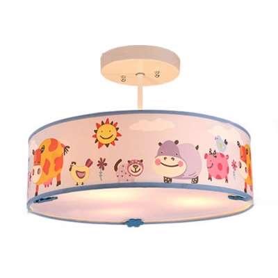 Drum Shade Ceiling Light with Safari Design Baby Kids Room Fabric Triple Lights Semi Flush Light in White