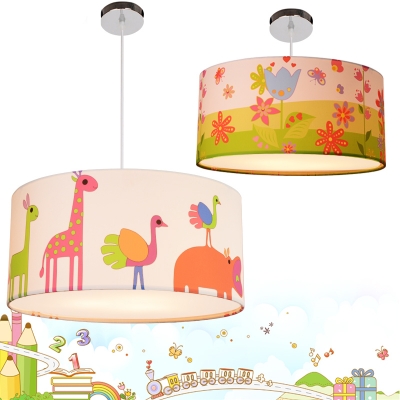 Lovely 3/5 Lights Drum Hanging Lamp Modern Baby Girls Bedroom Multicolored Fabric LED Suspension Light