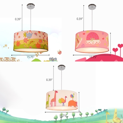 Lovely 3/5 Lights Drum Hanging Lamp Modern Baby Girls Bedroom Multicolored Fabric LED Suspension Light