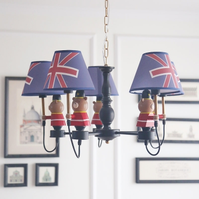 Coolie Shade Chandelier with Bear Cities&Countries Fabric 5 Lights Suspension Light in Black