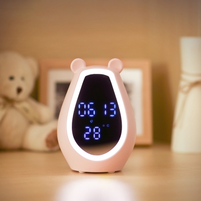 Wireless Chargeable Cartoon Bear Kids Night Light with Alarm Clock in White/Pink