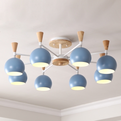 Wooden Chandelier with Globe Shade Nordic Macaron 3/6/8 Lights Hanging Light for Kids