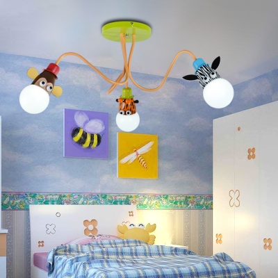 Zebra/Monkey/Giraffe Design Suspended Lamp Kindergarten Metal 3 Light Pendant Light in Multi Color