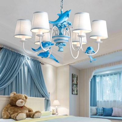 3/6 Lights Dolphin Island Chandelier Kids Room Fabric Suspension Light in Blue/Pink