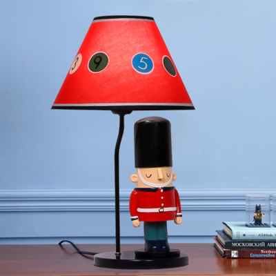 Red Coolie Shade Table Light with British Soldiers Cartoon Fabric 1 Bulb Reading Light