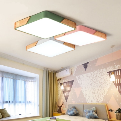 Square Bedroom Ceiling Light Nordic Style Modern Acrylic LED Flush Light Fixture in Green/Pink/White