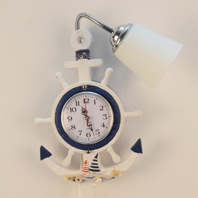 Anchor Shape Wall Lamp with Clock Nautical Style Kids Room Wooden 1 Light Sconce Light in White