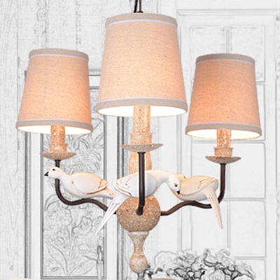 3 Lights Bird Design Chandelier Light Lodge Rustic Style Fabric Shade Hanging Lamp in Beige