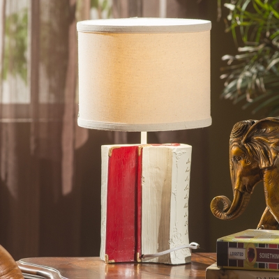 Cylinder Shade Table Light with Book Decoration Vintage Fabric 1 Bulb Table Lamp for Study Room
