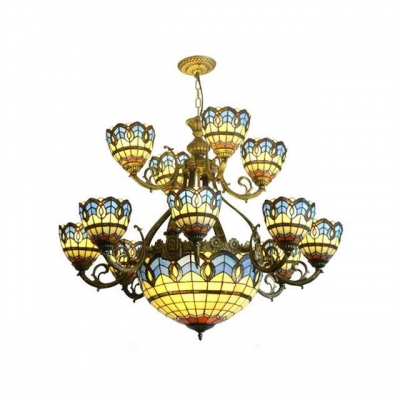 Tiffany Lamp 2-Tier Baroque Stained Glass Shade Chandelier, 15 Light