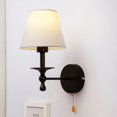 Single Light Cone Wall Sconce Vintage Traditional Fabric Pull Chain Wall Light in Black