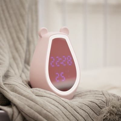 Wireless Chargeable Cartoon Bear Kids Night Light with Alarm Clock in White/Pink