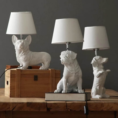 Dog White Table Lamp for Kids Bedroom with Linen Shade