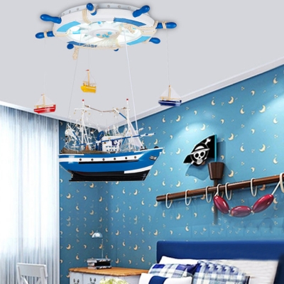 Sailboat Shape LED Ceiling Chandelier Mediterranean Blue Acrylic Flush Mount Lighting for Boys