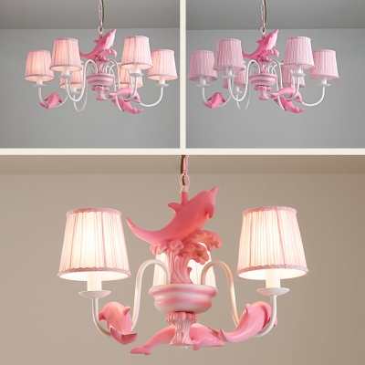 3/6 Lights Dolphin Island Chandelier Kids Room Fabric Suspension Light in Blue/Pink