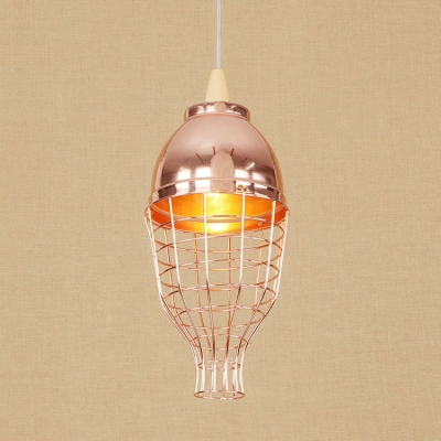 Industrial Style Wire Cage Hanging Pendant Light with Buffed Copper Shade Three Designs Available