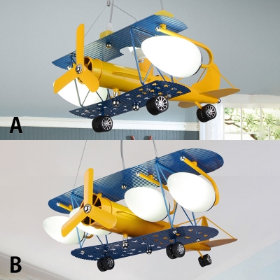 Yellow Biplane Chandelier Lamp Glass Shade 2/4 Lights Suspended Light for Boys Room Kindergarten