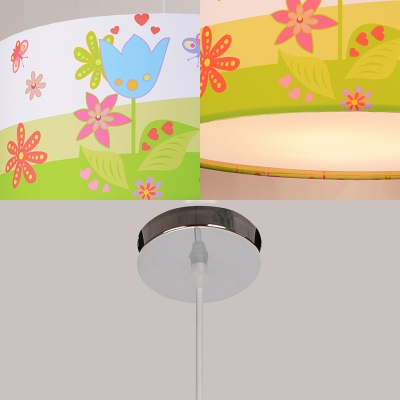 Lovely 3/5 Lights Drum Hanging Lamp Modern Baby Girls Bedroom Multicolored Fabric LED Suspension Light