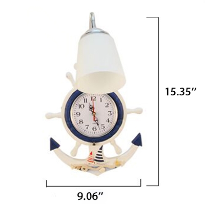 Anchor Shape Wall Lamp with Clock Nautical Style Kids Room Wooden 1 Light Sconce Light in White