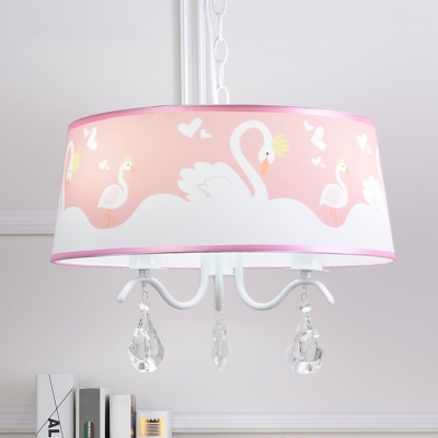 3/5 Lights Drum Chandelier Light with Swan Pattern Girls Room Crystal Suspended Light in White