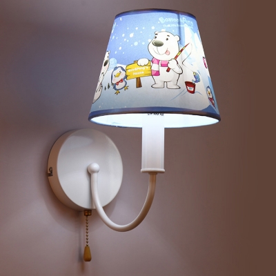 Curved Arm 1 Head Wall Lamp with Animal Pattern White Finish Fabric Shade Wall Light Fixture for Bedroom