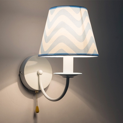 Sky Blue Conical Sconce Lighting Nautical Style Fabric 1 Light Wall Light Fixture with Pull Chain
