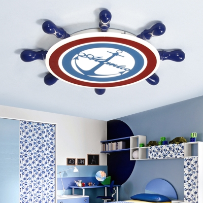 Acrylic Ship Wheel Flush Ceiling Light Boys Room Flush Mount LED Light in Navy Blue